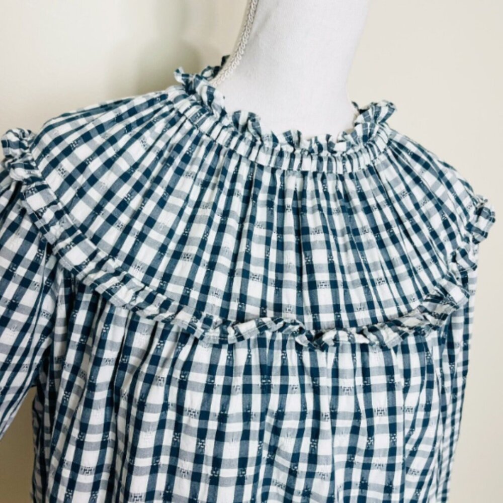 G00331 Universal Threads Blouse Teal White Gingham Ruffle Long Sleeve MEDIUM - Picture 2 of 10
